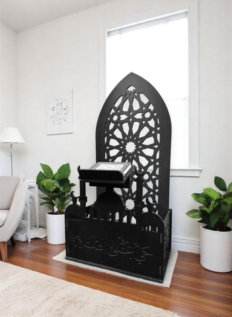 EMAAZZ LLC Premium Islamic Prayer Mat Stand Holder with Quran Holder & Tasbeeh Counter Stand, Elegant Black PVC Foam Plastic Prayer Rug Organizer, Modern Mihrab Design for Home Decor, Living Room, Mosque, Prayer Corner & Ramadan Gift - Image 1